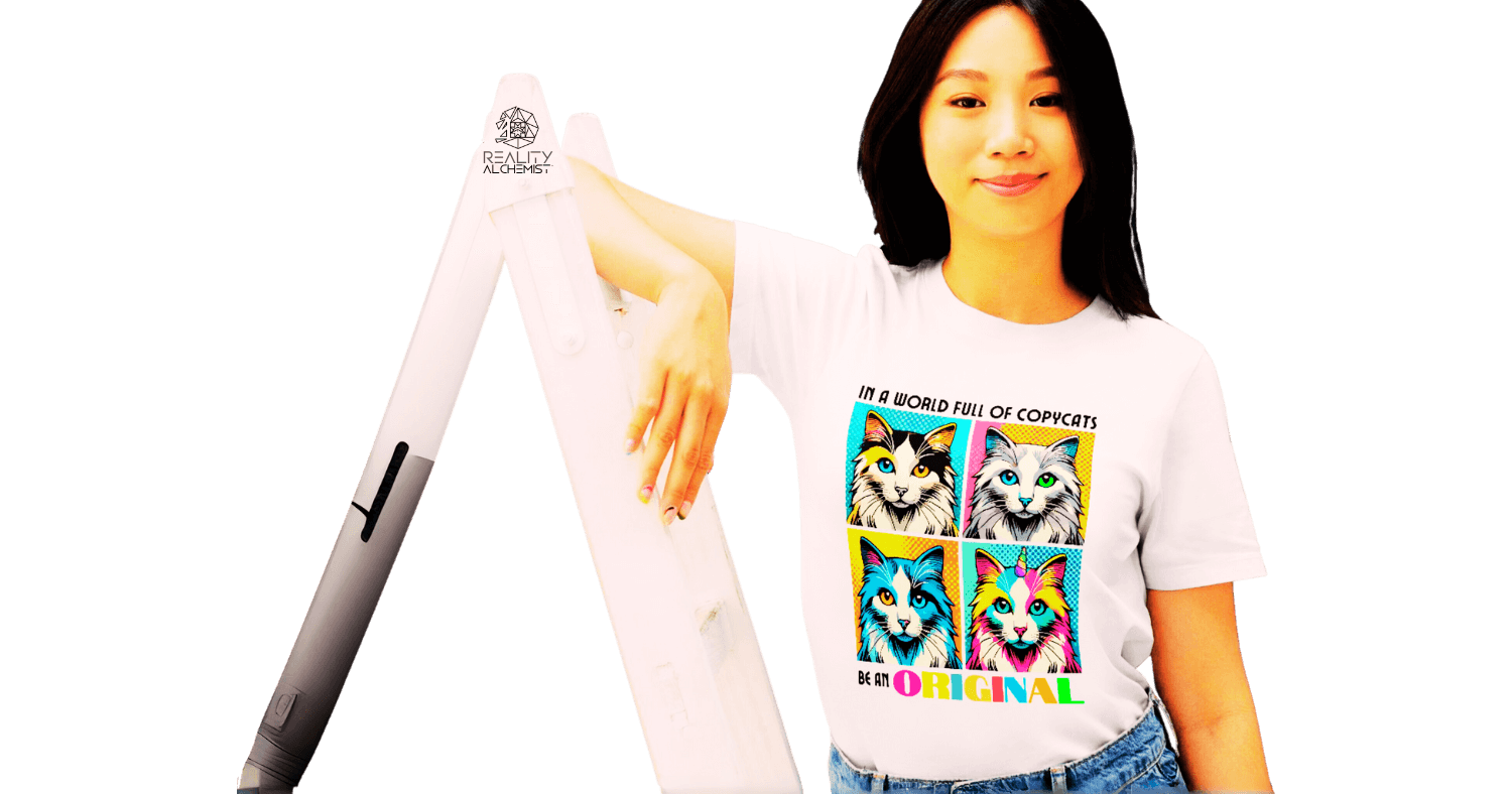 A young woman in a stylish Reality Alchemist™ brand graphic t-shirt, standing beside a white ladder.