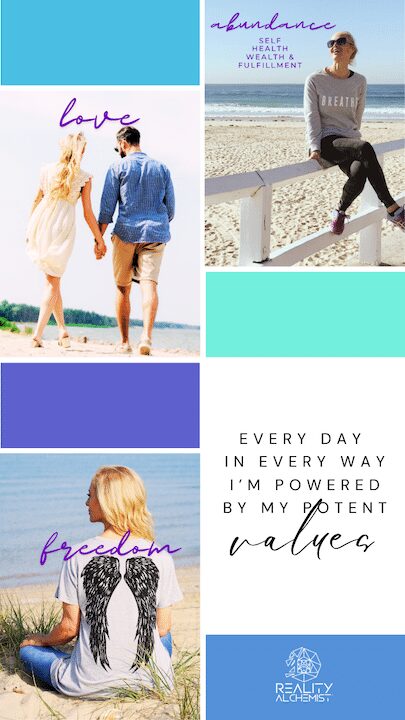 Dr. Madisen Harper's top three core values collage: love, abundance, freedom themes for motivation and personal growth.