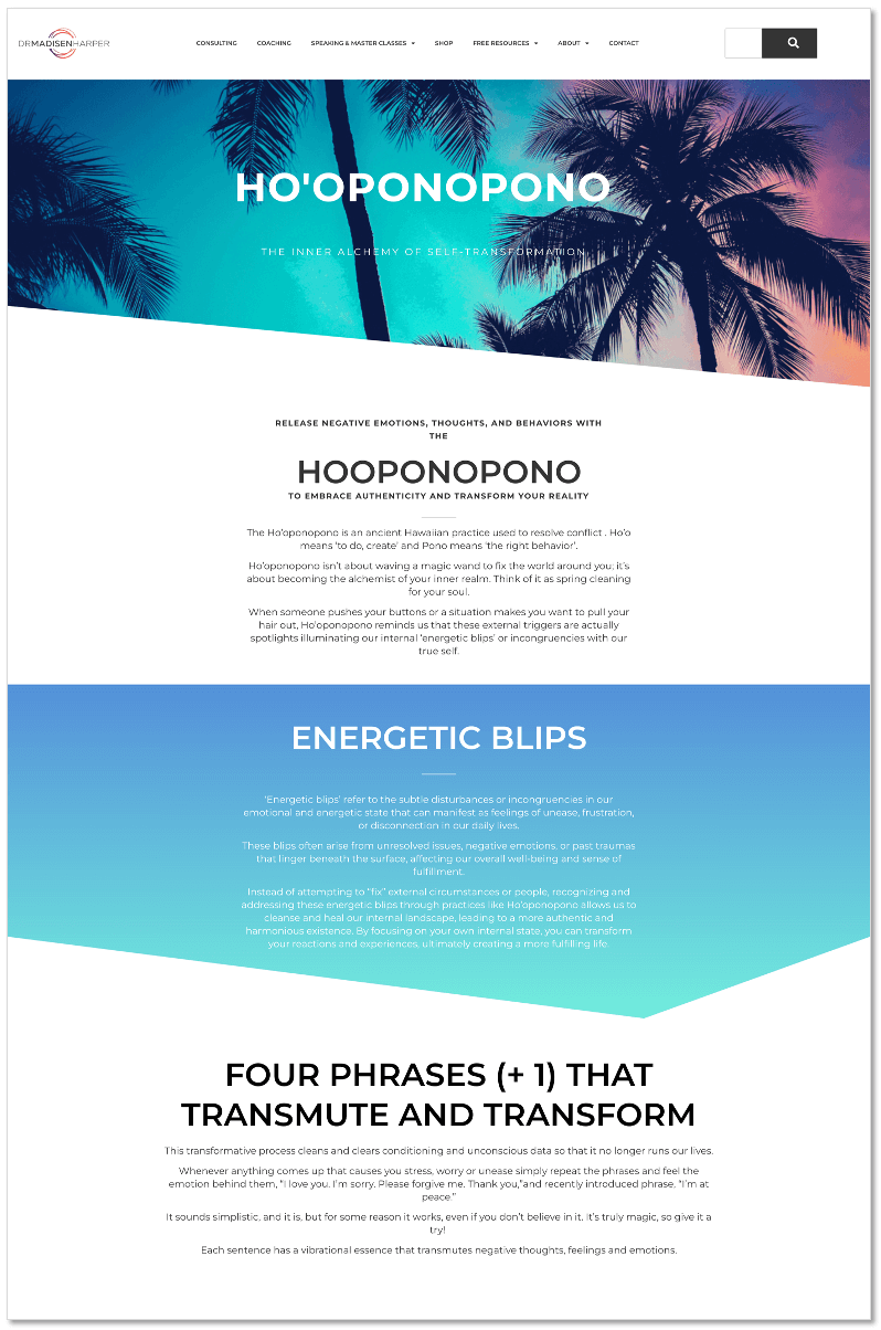 Hooponopono summary resource showcasing tranquility, practice details, transformative phrases, and energetic insights.