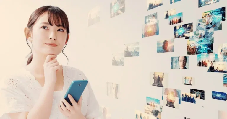 A young woman pondering manifestation in front of an inspiring photo collage.